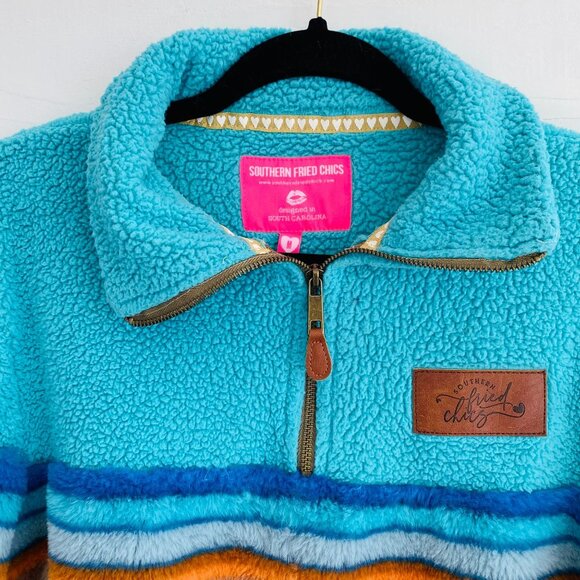 Southern Fried Chics Turquoise Aztec Print Sherpa Pullover Women's Medium - Picture 5 of 11